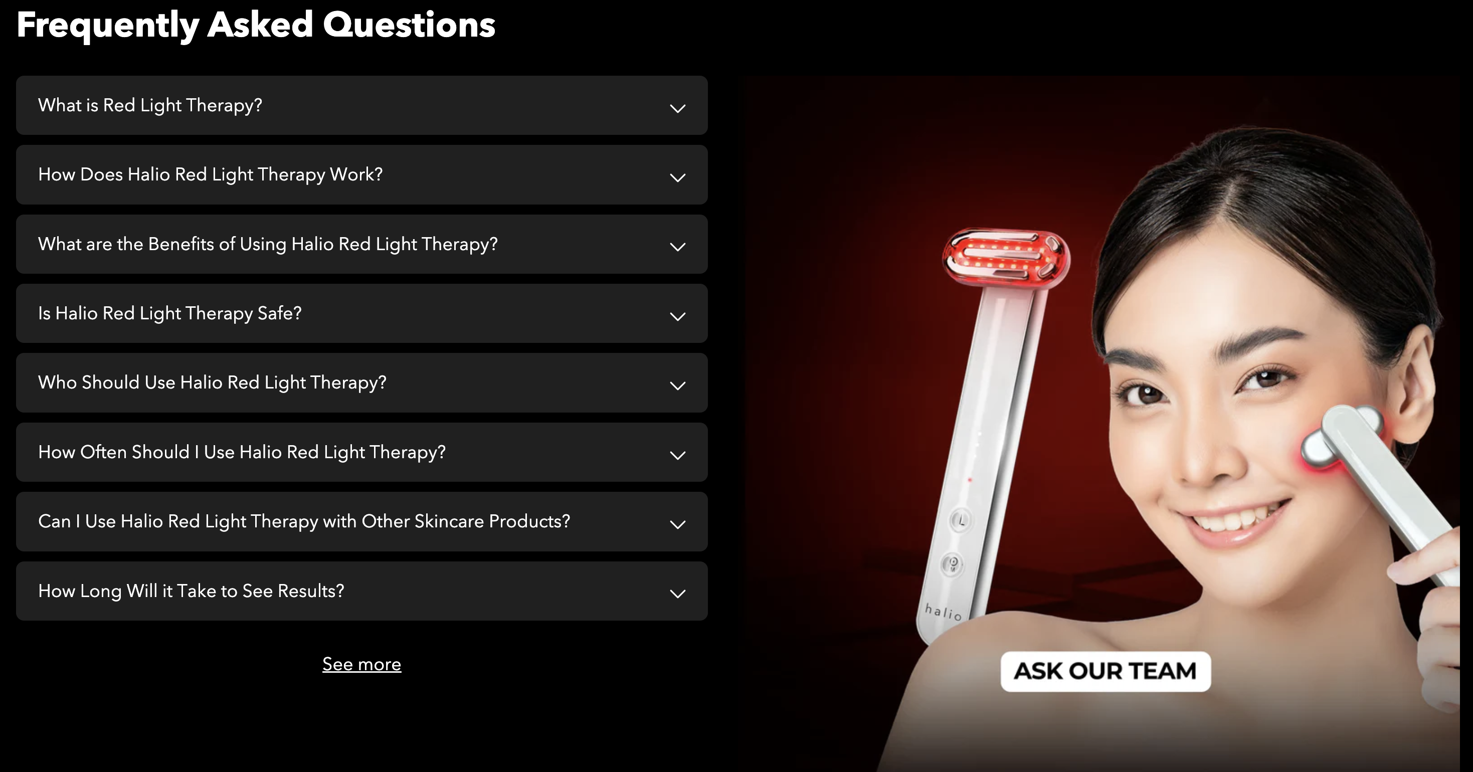 Expandable FAQ section with rich text and image